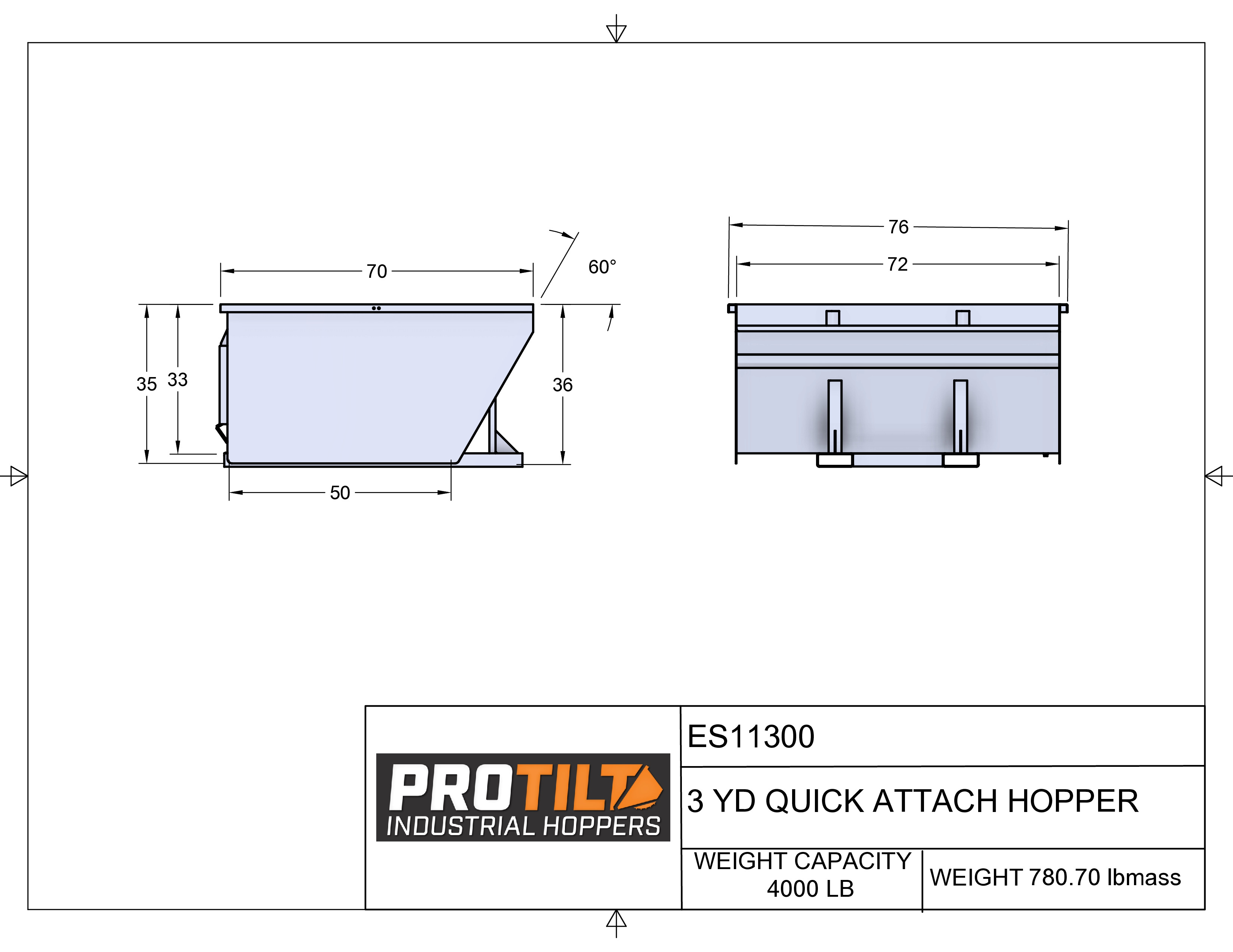 3 Yard Standard Quick Attach Hopper drawing